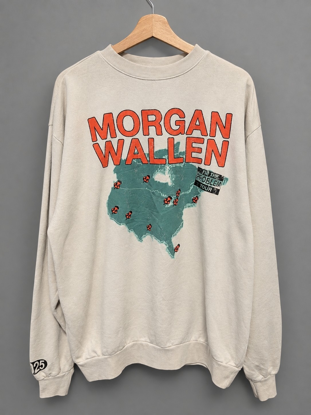 Morgan Wallen I'm The Problem Tour 2025 Crewneck Sweatshirt Cream Map Print L